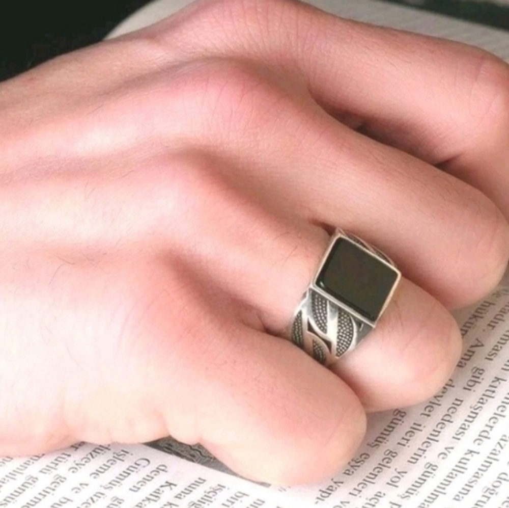 14k White gold Plated Over Sterling silver Turkish Gemstone Black Onyx Mens Ring